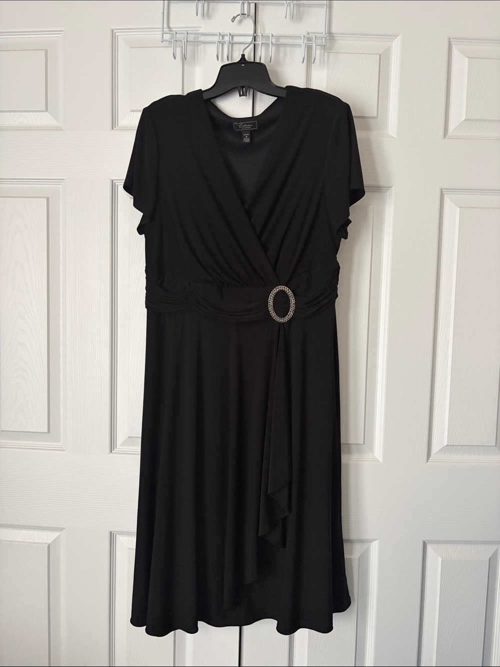 Dress Barn Black Midi Wrap Dress with Rhinestone Waist Accent